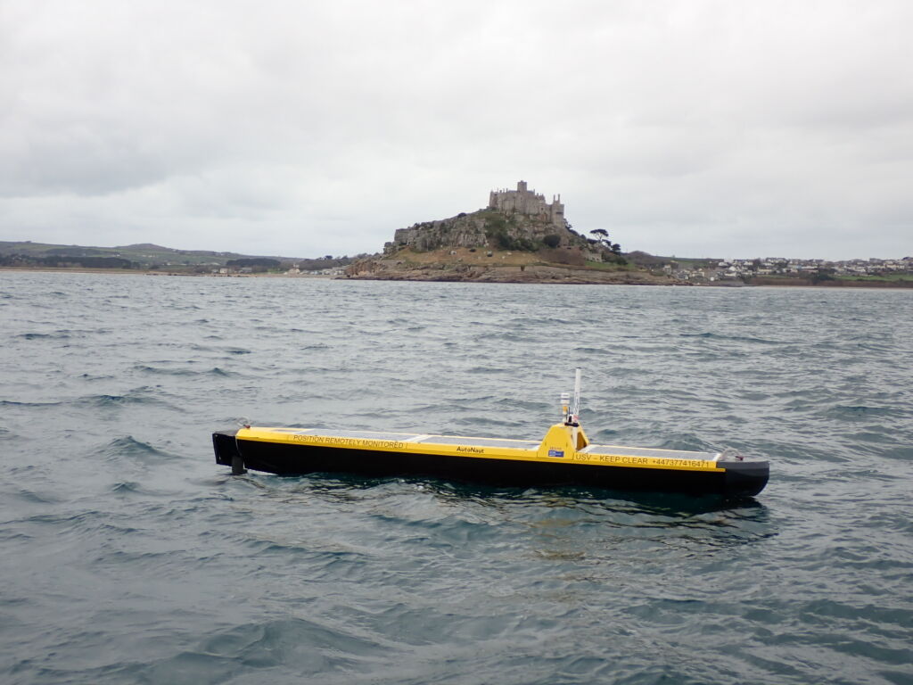 AutoNaut Oban entering Penzance after 115 days at sea, covering more than 4000 nautical miles gathering data on the Atlantic shelf break – credit AutoNaut AutoNaut USV at sea